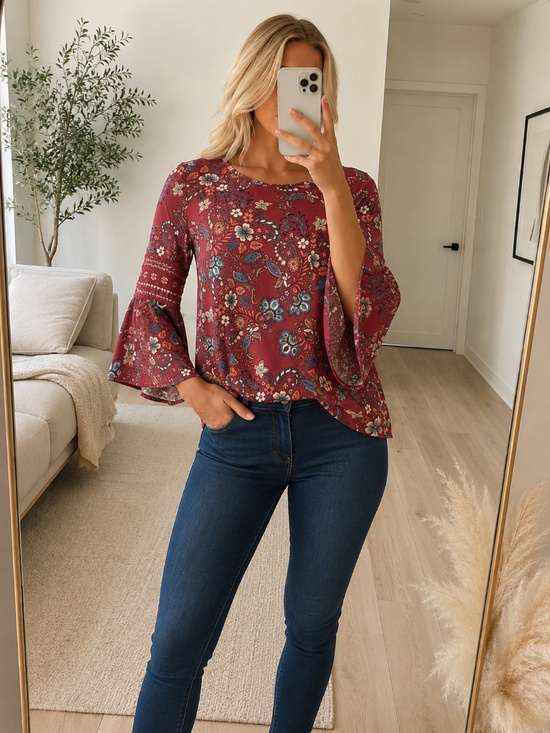 Stem & Vine Tops - Stem & Vine Burgundy Floral Bell Sleeve Boho Top Small